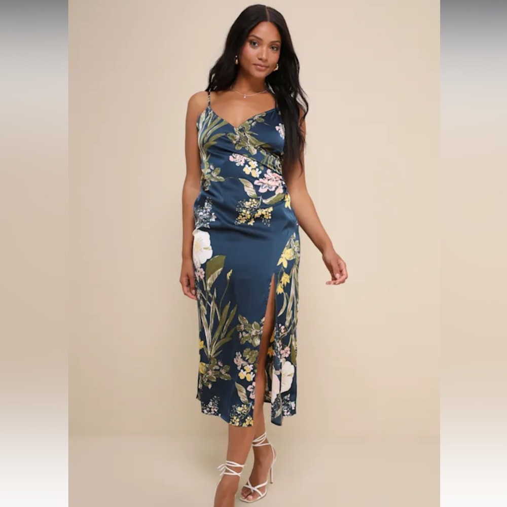 Lulus Navy Blue Floral Print Satin Midi Dress